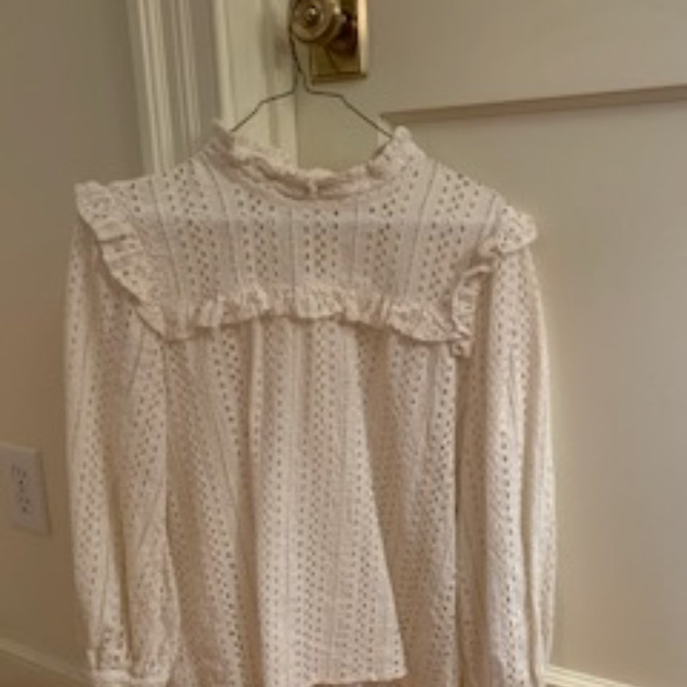 Madewell Eyelet Mock Neck Ruffle top XXS